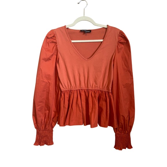 En Saison Tops - En Saison Coral Orange Mixed Media Peplum Top‎ Puff Sleeve V-Neck Small